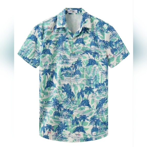 KYKU Men's Button Down Short Sleeve Tropical Hawaiian Shirt, Blue & Green, LARGE - Picture 2 of 10